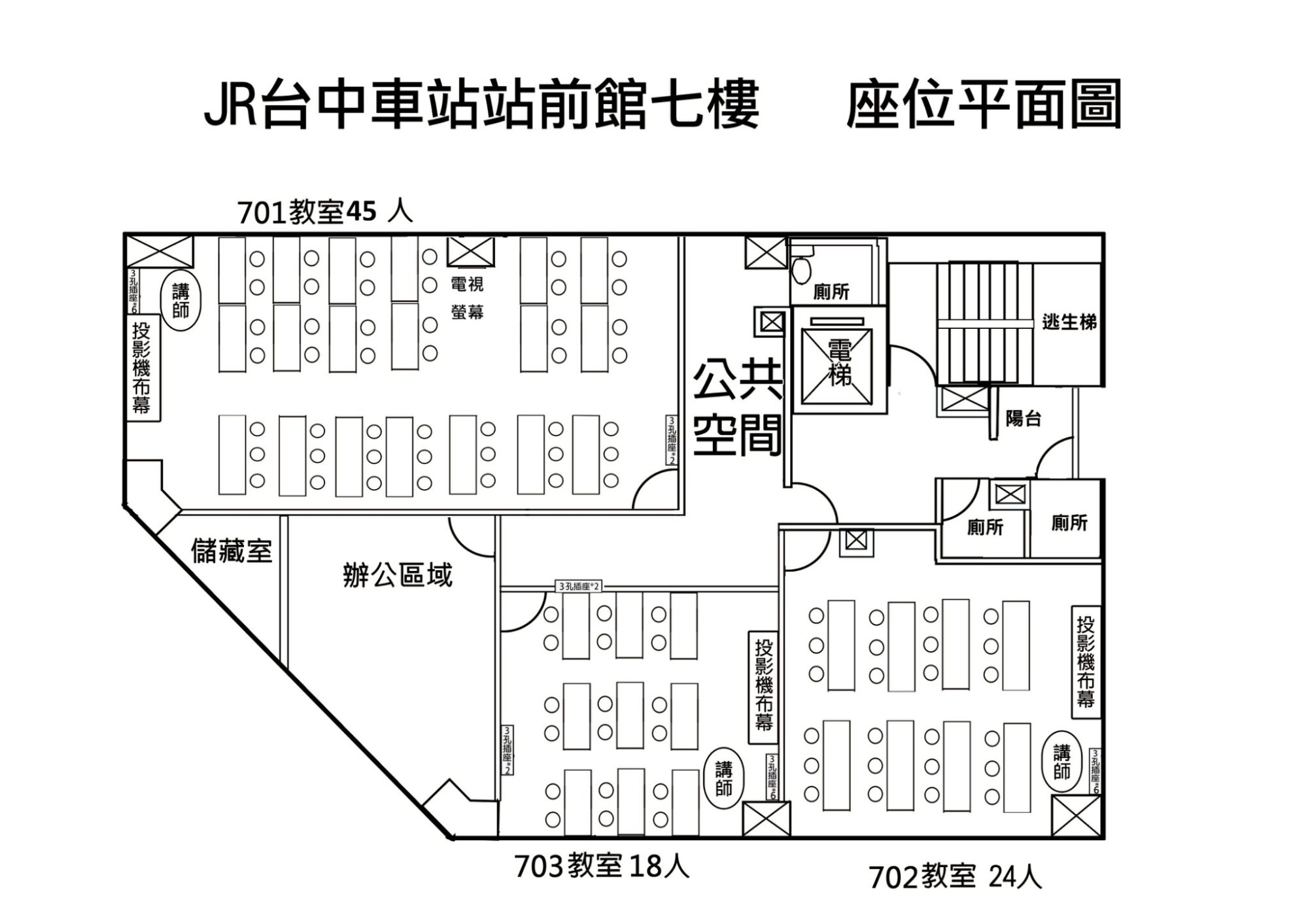 台中站前館七樓教室平面圖：標註電源插座與消防逃生動線